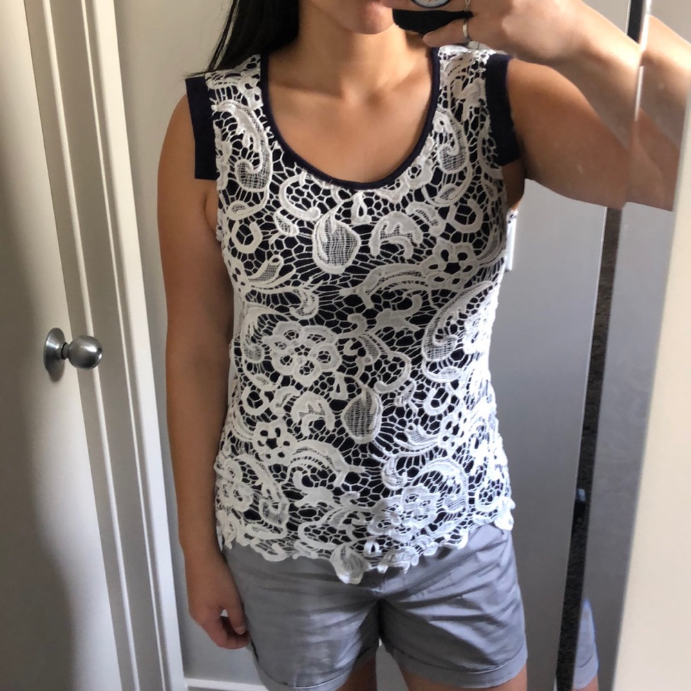 Navy & white crochet lace sleeveless top